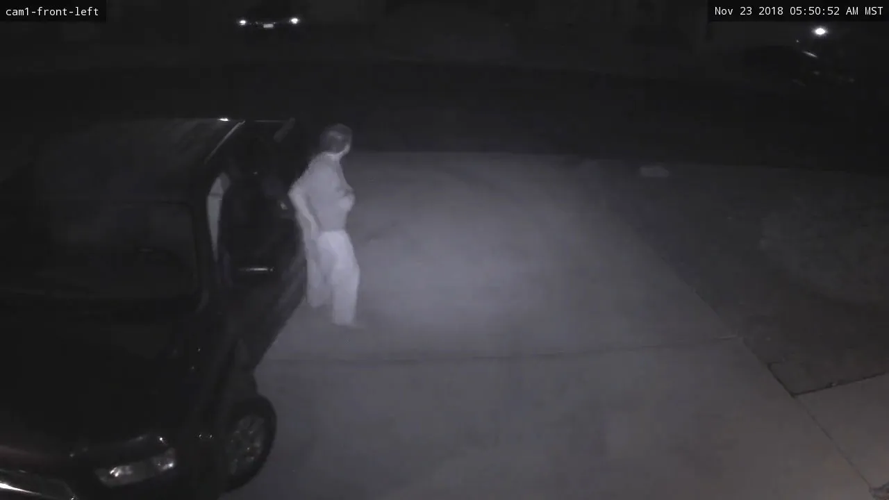 David Pierce wearing pajamas, parking Judi Pierce’s truck in Homeowner X’s driveway overnight on November 23, 2018, continuing a repeated pattern of unauthorized parking.
