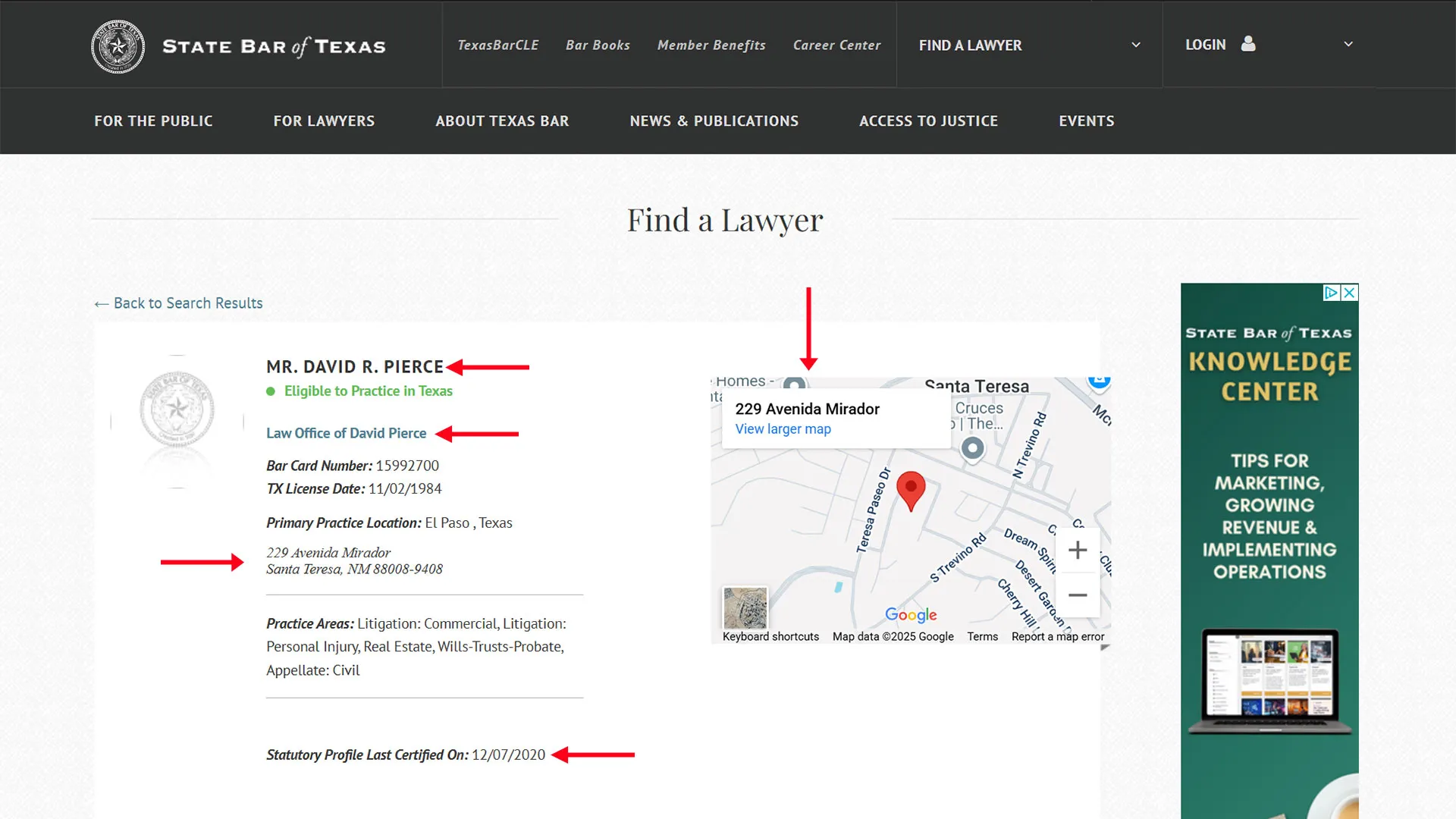 Screenshot of the Texas State Bar attorney registration page for David Pierce, showing his home address publicly listed as his business address, violating El Mirador HOA's residential use restriction.