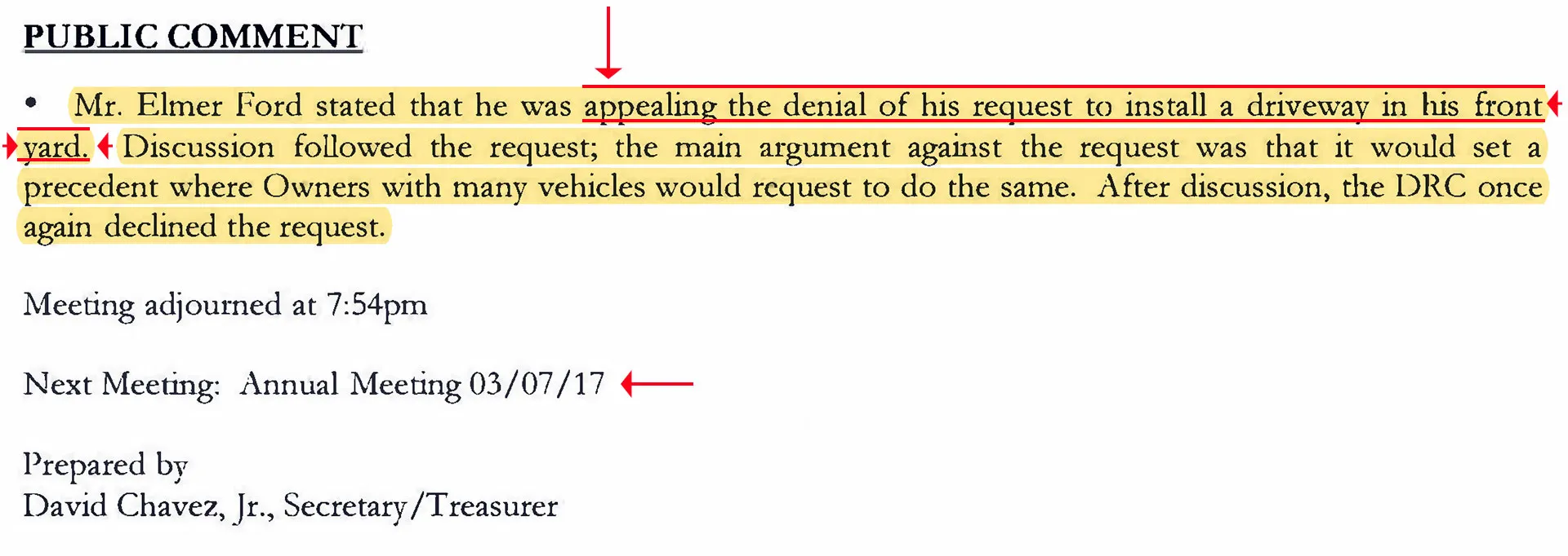 Denial of Elmer Ford's driveway request by El Mirador HOA under Ventura Pena's oversight